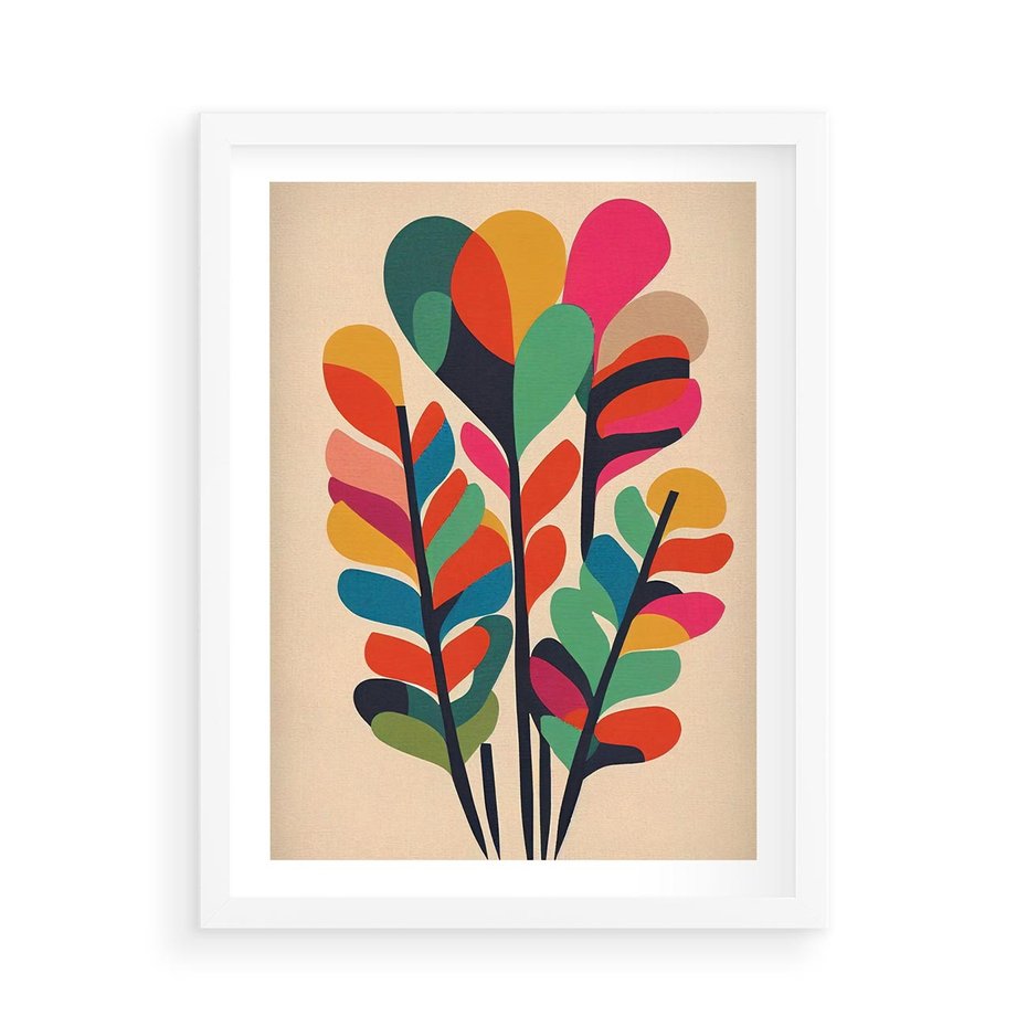 Plakat w ramie 50x70 - Symfonia Wzrokowych Impresji - abstrakcyjny kolorowy tęczowy obraz, inspiracje roślinne - rama biała