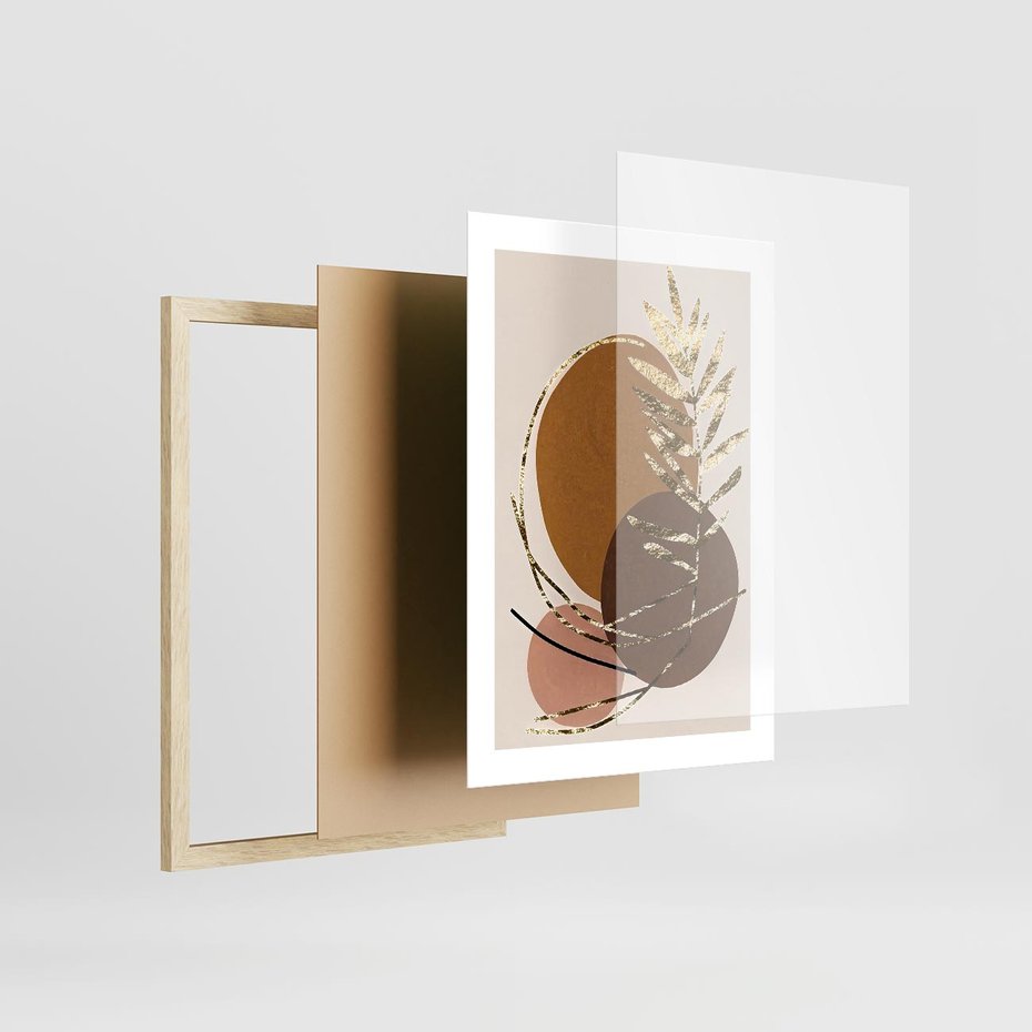 Plakat w ramie 30x40 - Taniec Przenikających Odbić - abstrakcyjny obraz, złote liście palmy - rama drewno