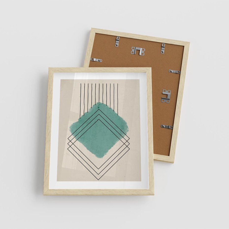 Plakat w ramie 40x50 - Impresje Przestrzeni - akwarelowa plama, geometryczne szkicowane kształty - rama drewno