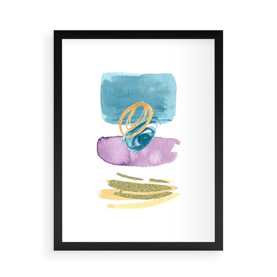 Plakat w ramie 50x70 - Taniec Akwarelowych Kresek - akwarelowe plamy w odcieniach błękitu, złote kreski - rama czarna