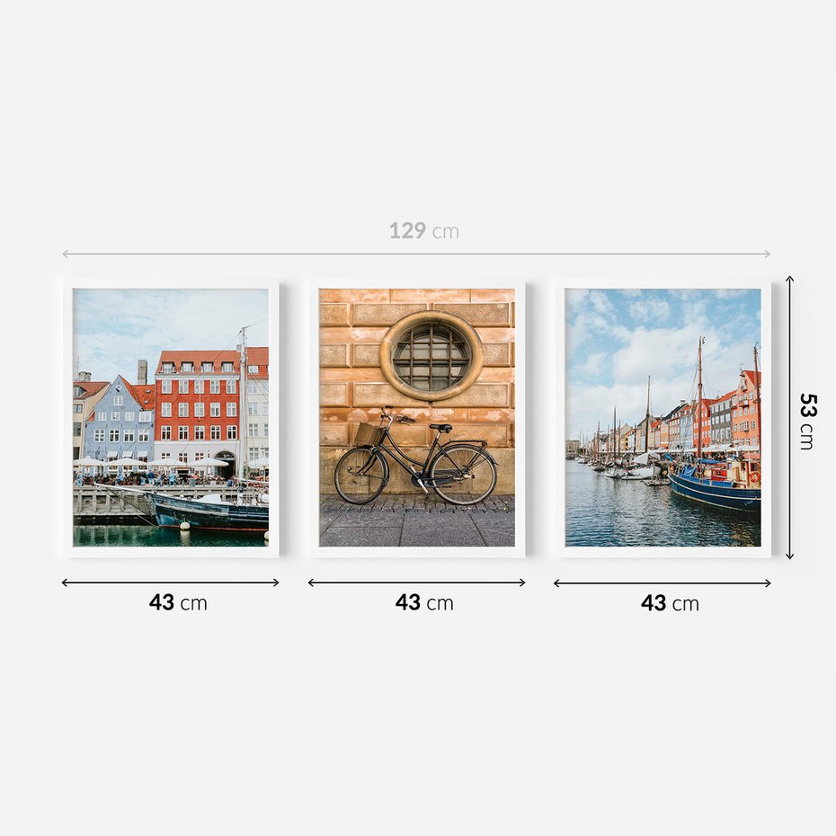 Zestaw obrazy w ramie 40x50 galeria - Kopenhaga, Holandia, rower, domki, port - rama biała