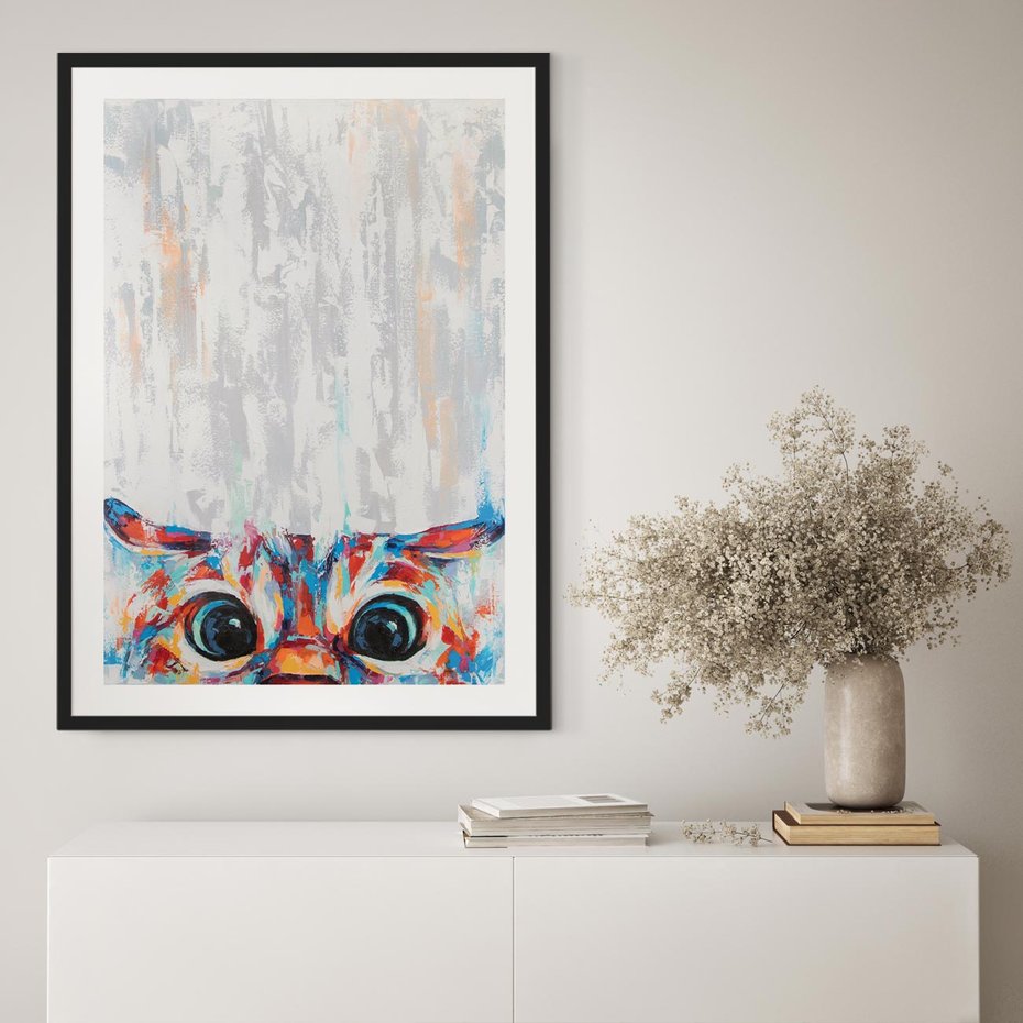 Plakat w ramie 40x50 - Co ja Widzę - obraz olejny, śmieszny obraz kota - rama czarna