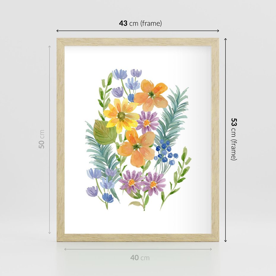 Plakat w ramie 40x50 - Migocące Widoki Kwiatów - akwarelowe polne kwiaty, minimalistyczny plakat - rama drewno