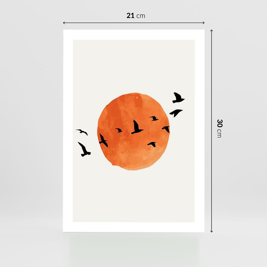 Plakat bez ramy 21x30 - Zachód Słońca i Ptaki - grafika akwarela, czarne ptaki na tle zachodu słońca