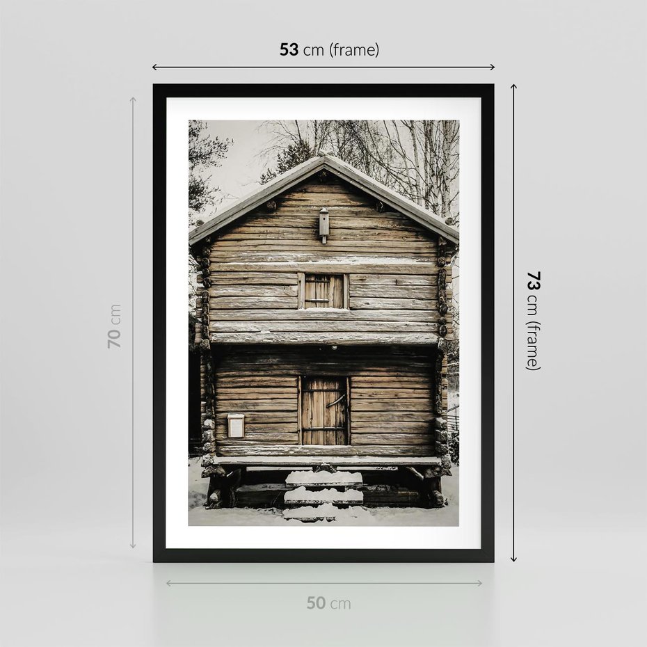 Plakat w ramie 50x70 - Stary Drewniany Dom w Śniegu - stary drewniany dom, zima - rama czarna
