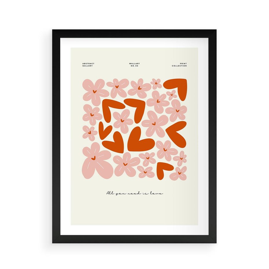 Plakat w ramie 50x70 - Miłość w Kompozycji - grafika, kompozycja kwiaty i serca - rama czarna