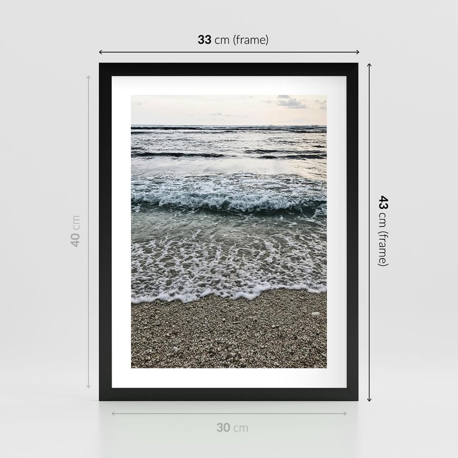Plakat w ramie 30x40 - Spokojna Plaża - plaża, żwirek - rama czarna