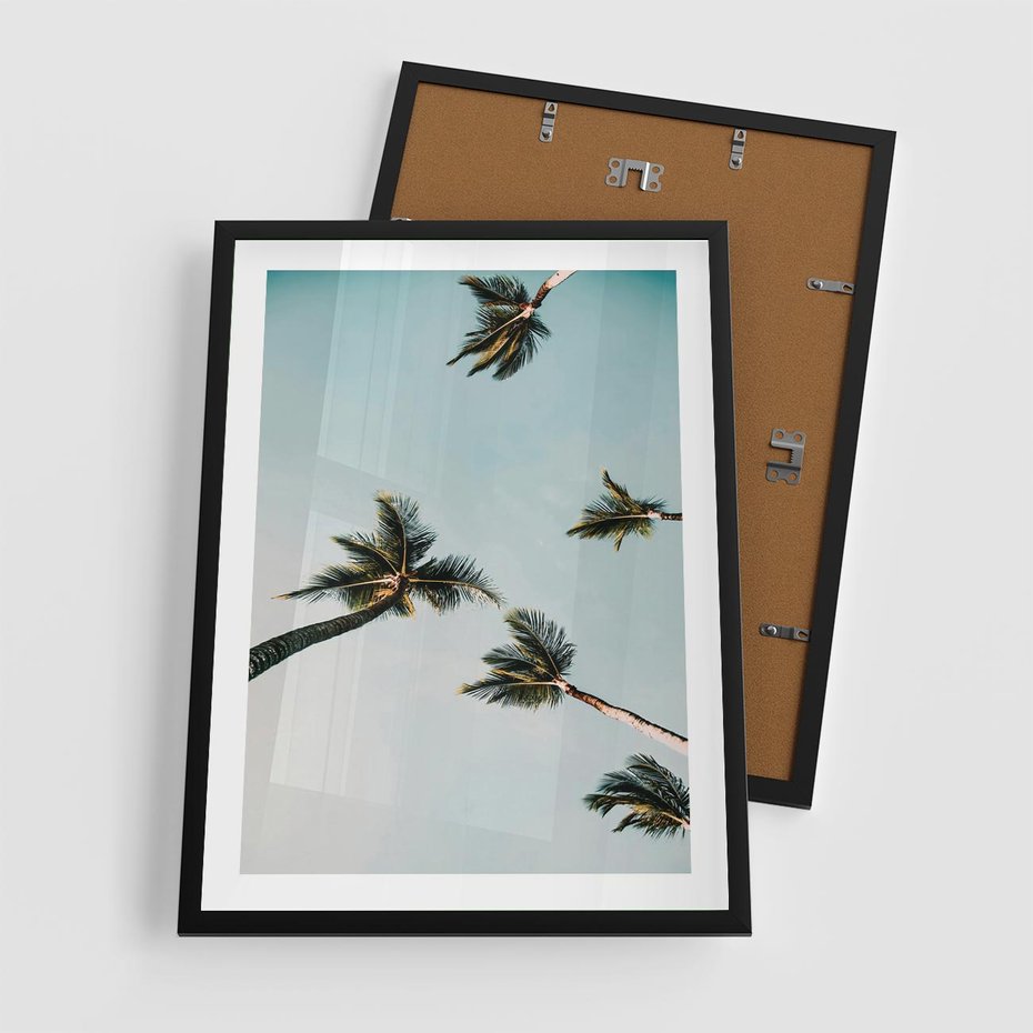 Plakat w ramie 50x70 - Palmy i Niebo - palmy, ujęcie z dołu - rama czarna