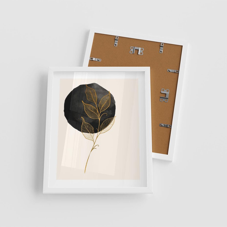 Plakat w ramie 40x50 - Złoty Liść na Czarnej Plamie - grafika, złoty liść - rama biała