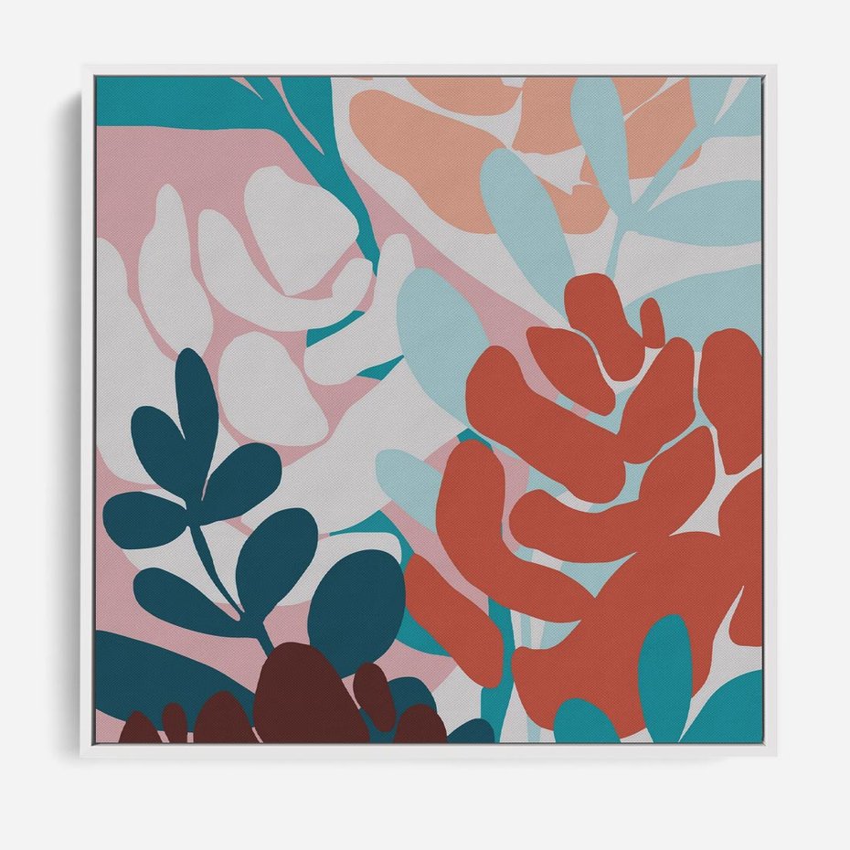 Obraz w ramie 80x80 - Impresje Kształtów - abstrakcyjna kompozycja kwiatowych form, kolor zgaszone - rama biała