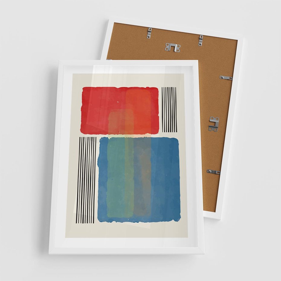 Plakat w ramie 50x70 - Kolorowe Spektrum - kolorowa geometria, prostokąty w intensywnych kształtach i czarne kreski - rama biała