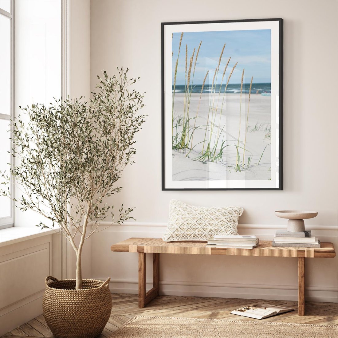 Plakat w ramie 50x70 - Przytulna Śródziemnomorska Trawa - plaża, trawy - rama czarna