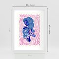 Plakat w ramie 30x40 - Rozkwitające marzenia - abstrakcyjna kompozycja, niebieska ośmiornica wśród różowej roślinnośći - rama biała