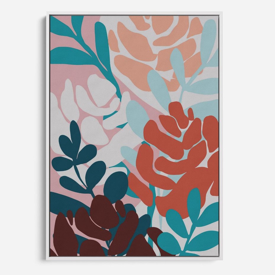Obraz w ramie 50x70 - Impresje Kształtów - abstrakcyjna kompozycja kwiatowych form, kolor zgaszone - rama biała