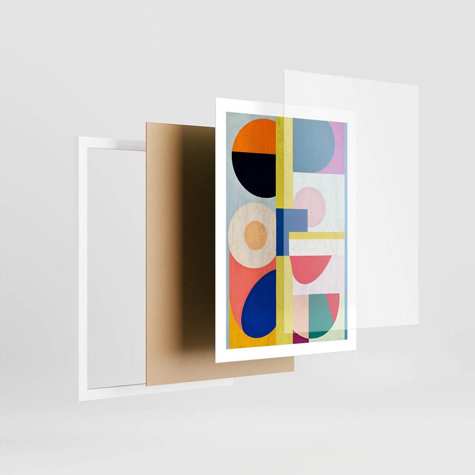 Plakat w ramie 50x70 - Harmonia Kolorowych Impulsów - abstrakcyjne geometryczne kształty, olejny obraz - rama biała