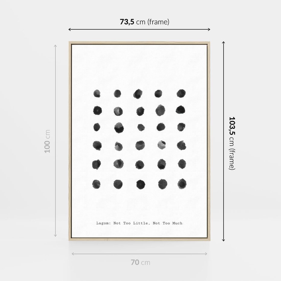 Obraz w ramie 70x100 - Boho Sztuka Wolości - minimalistyczny plakat, czarne kropki na białymtle - rama drewno
