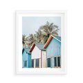 Plakat w ramie 40x50 - Rajskie Wakacje - domki na plaży, błękitne domki - rama biała