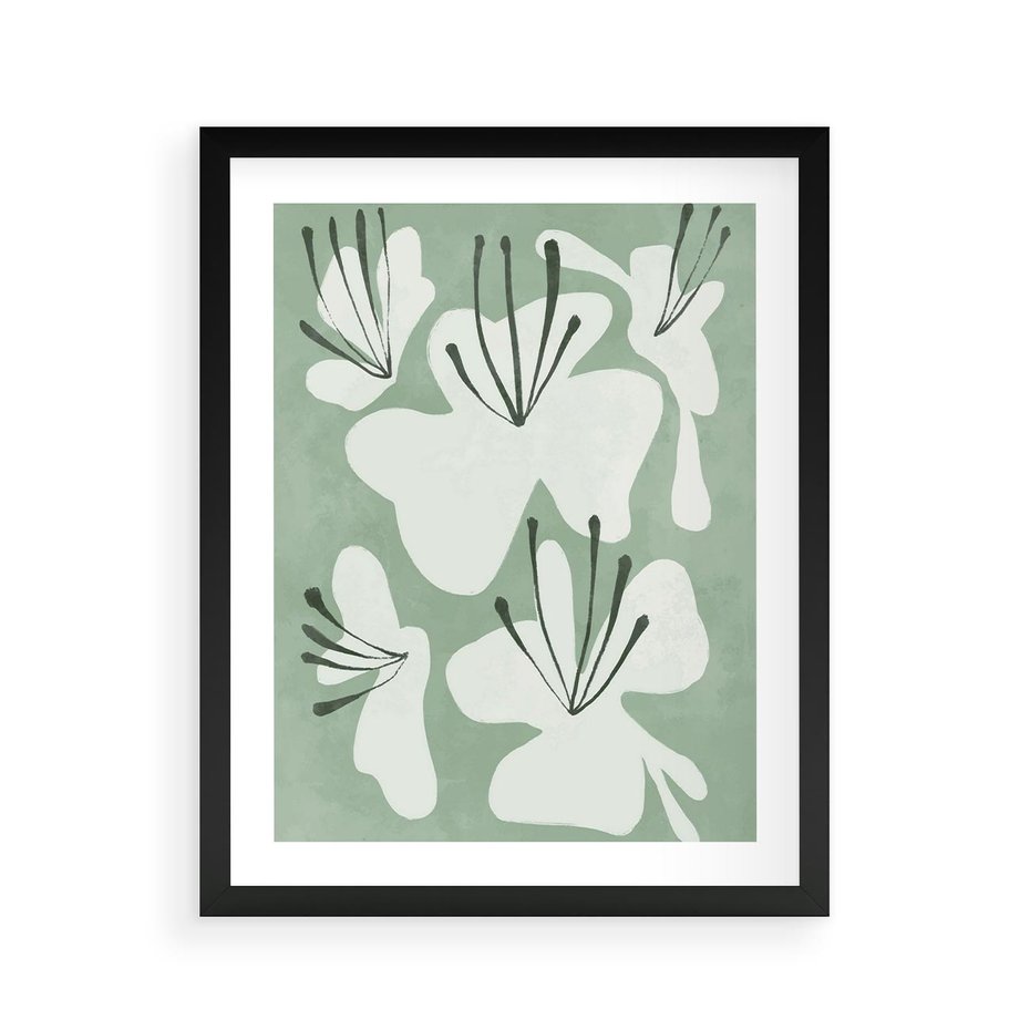 Plakat w ramie 40x50 - Rozkwitające Ukojenie - zgaszona zieleń, kwiaty - rama czarna