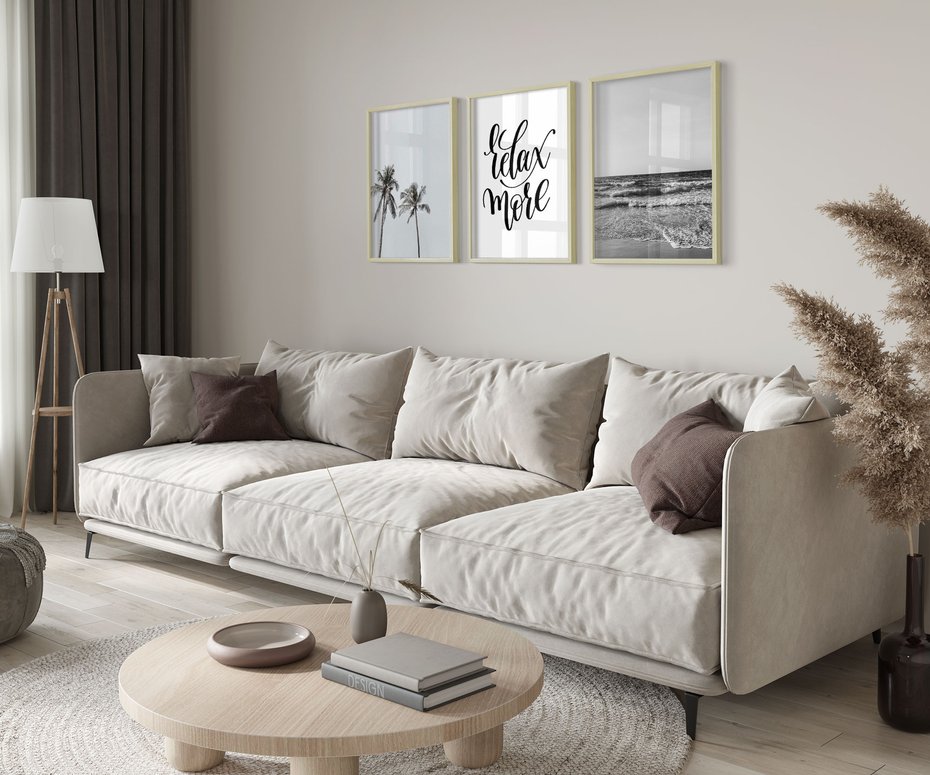 Zestaw obrazy w ramie 30x40 galeria - Plaża, palmy, relaks, typografia - rama drewno