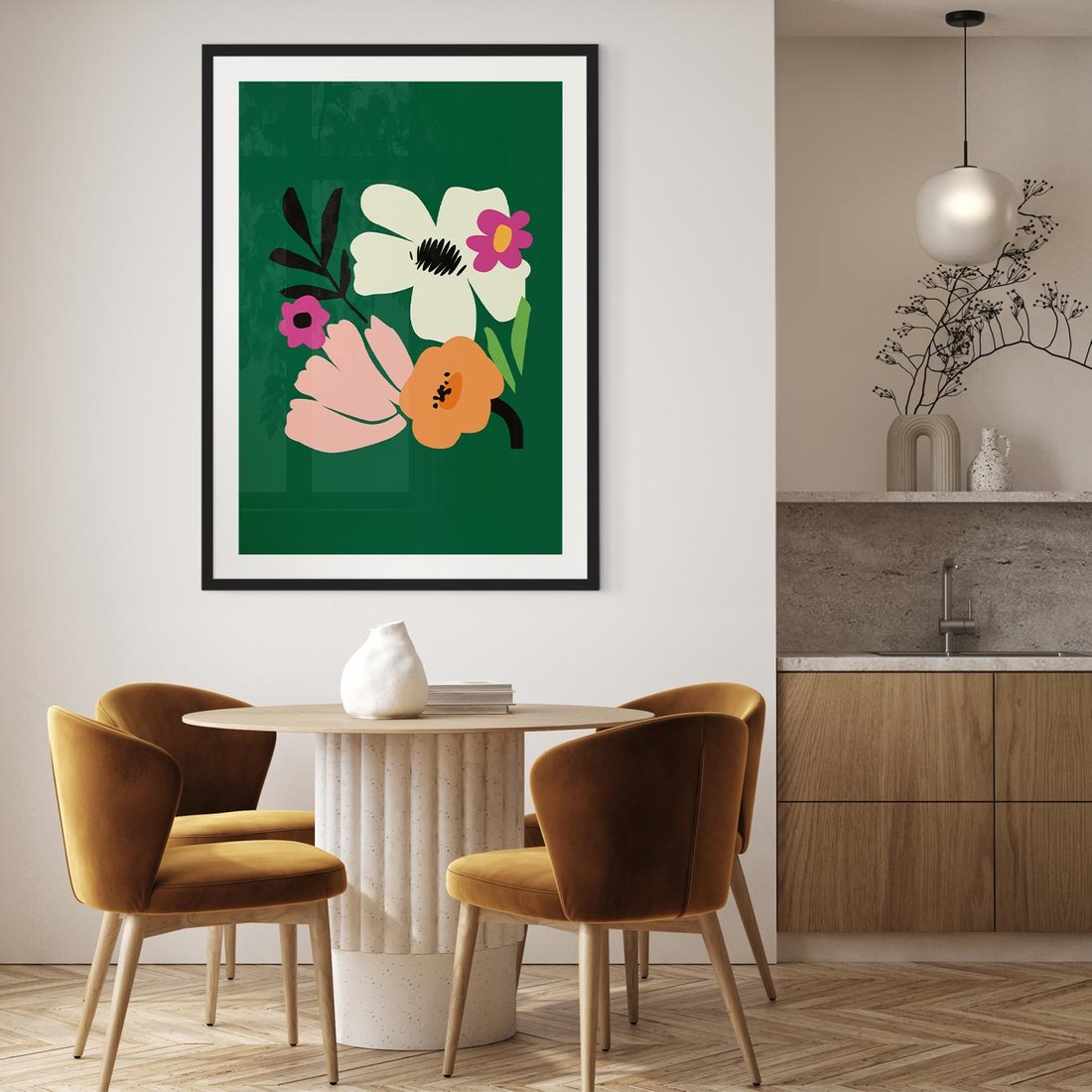 Plakat w ramie 40x50 - Rozbijające Echa - abstrakcyjne kwiaty, zielone tło - rama czarna