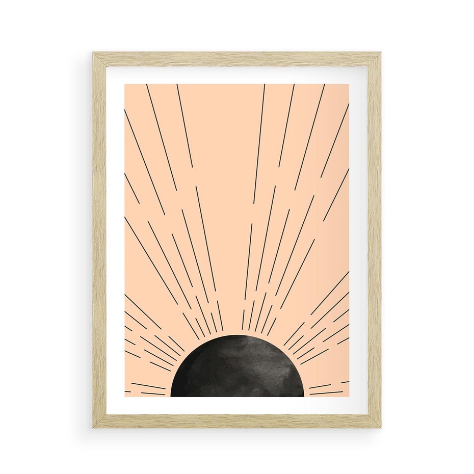 Plakat w ramie 50x70 - Migocące Kształty Promieni - boho czarne słońce, nowoczesna grafika - rama drewno