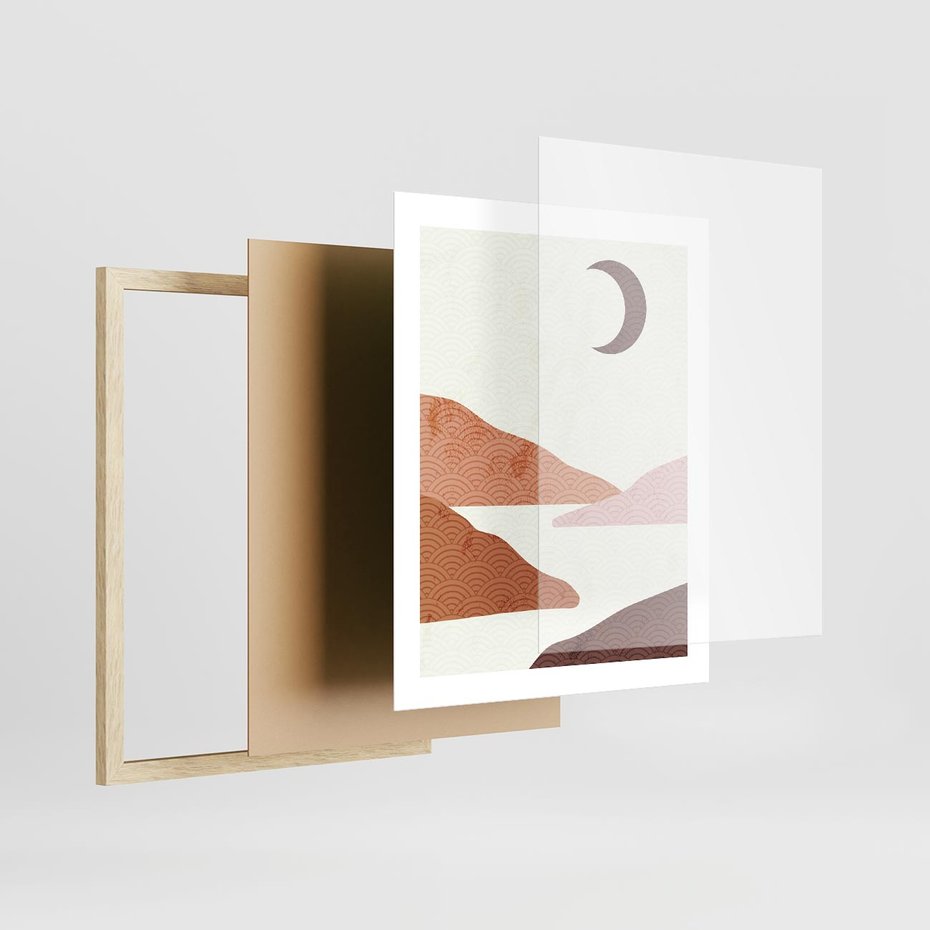 Plakat w ramie 40x50 - Księżycowa Refleksja - nowoczesna sztuka, góry - rama drewno