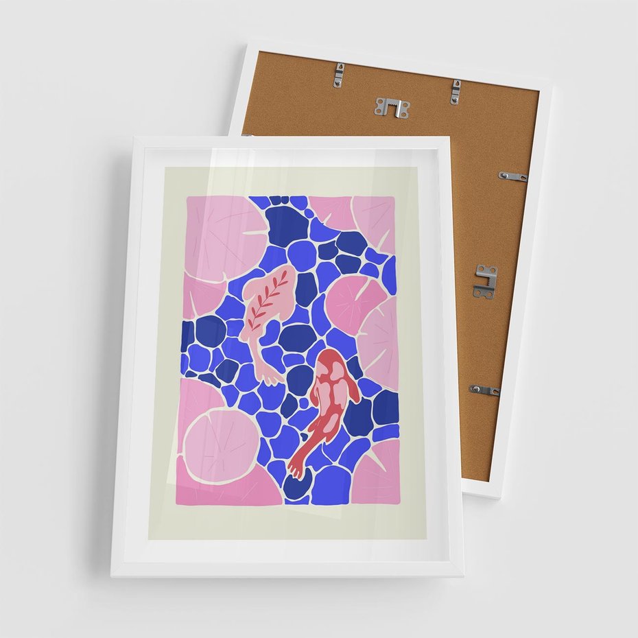 Plakat w ramie 50x70 - Rzeka Abstrakcji - abstrakcyjna kompozycja, różowe ryby wśród rafy - rama biała