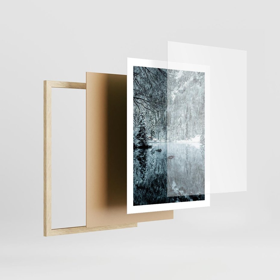 Plakat w ramie 50x70 - Zimowy Raj - zimowy górski krajobraz, jezioro w górach - rama drewno