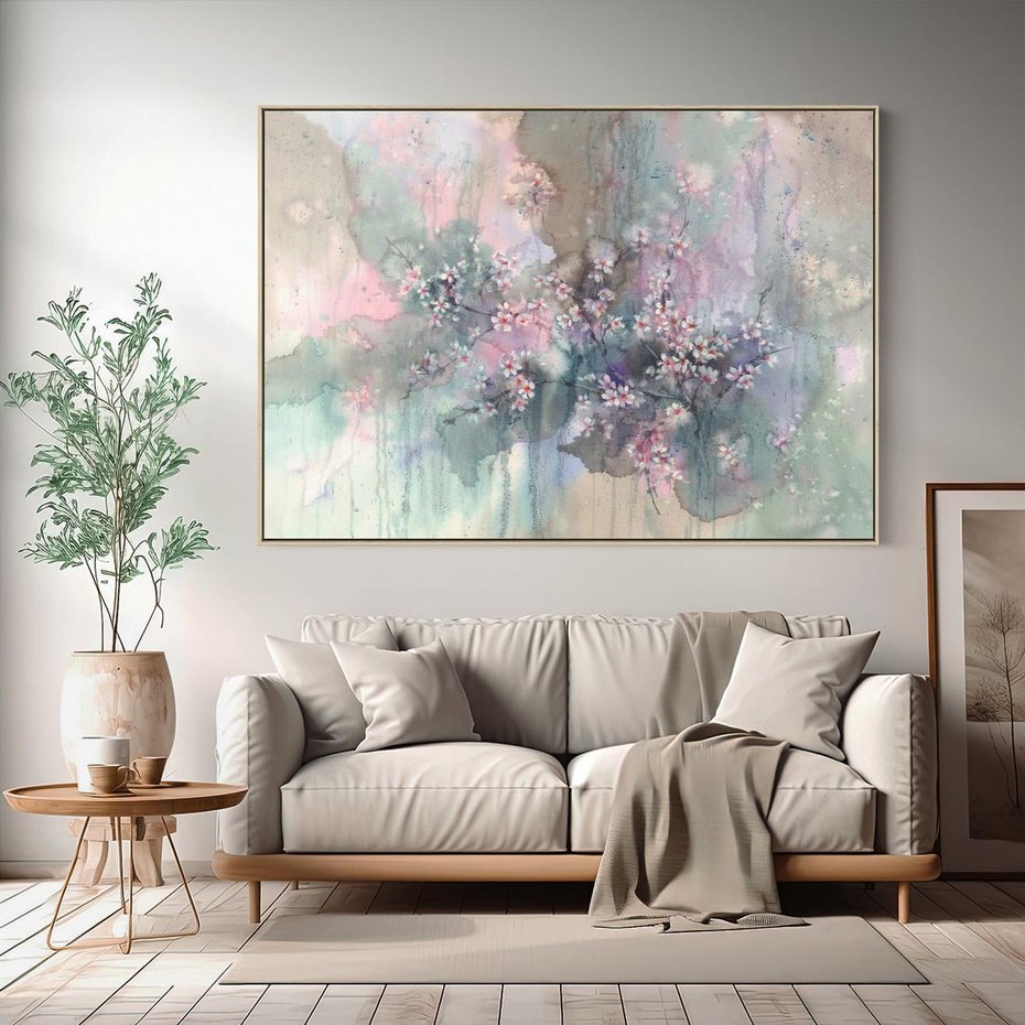 Obraz w ramie 70x50 - Efemeryczne Kwitnienie Drzew - akwarela, rozmyte pastelowe tłó - rama drewno