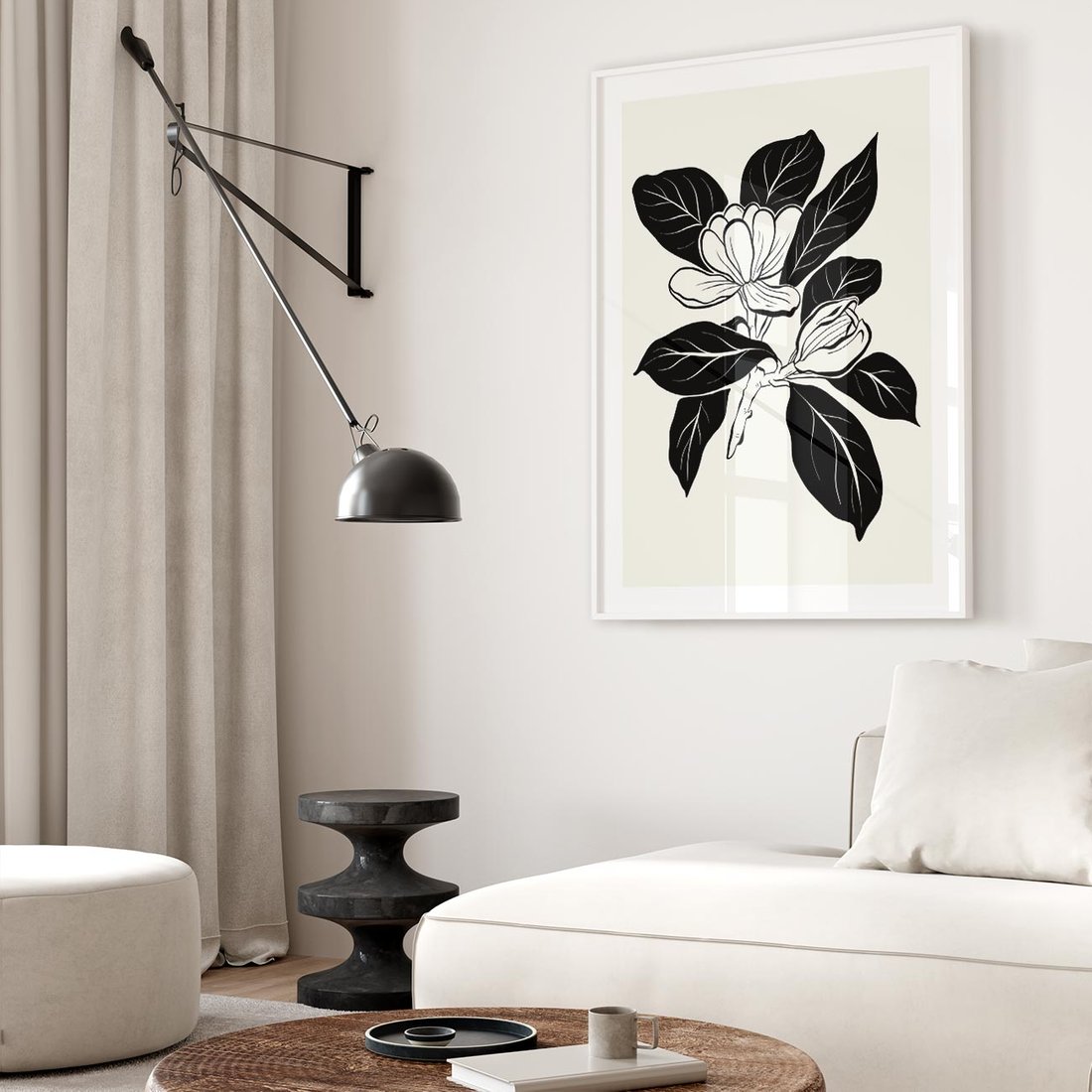 Plakat w ramie 30x40 - Spojrzenie w kształty kwiatów - kwiaty magnolii, minimalizm - rama biała