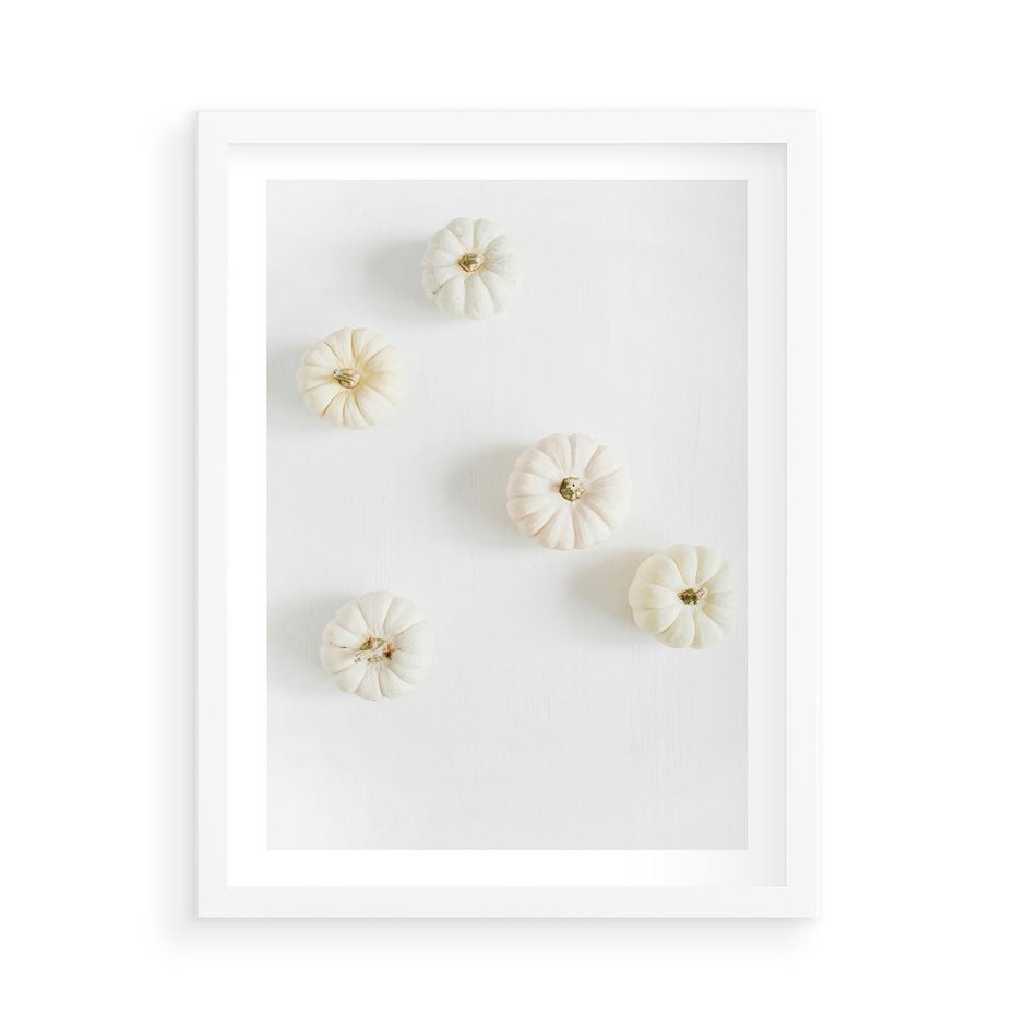 Plakat w ramie 50x70 - Biała Jesień: Dynie na Jasnym Tle - białe dynie, białe tło - rama biała