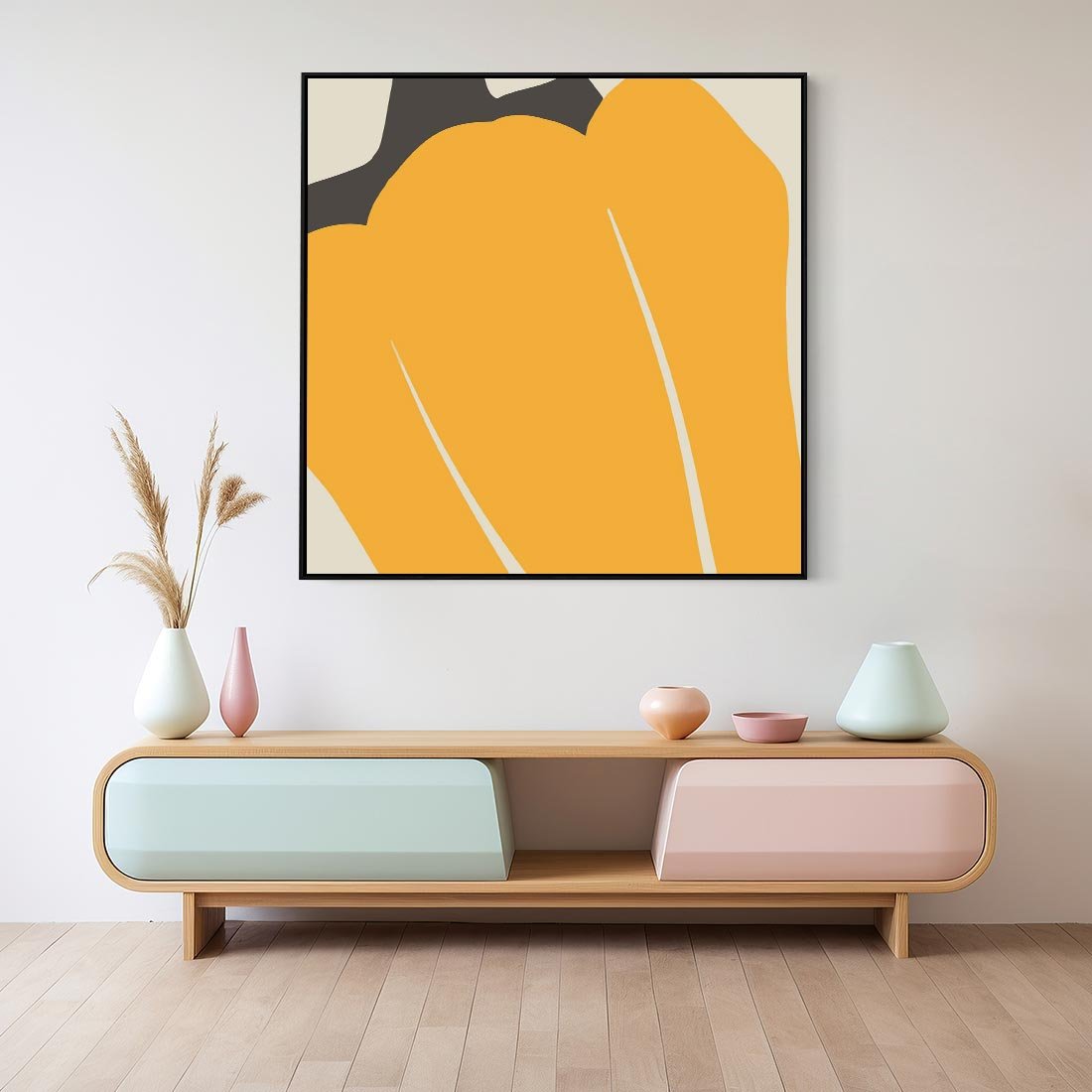 Obraz w ramie 50x50 - Migocące Formy - abstrakcyjny minimalistyczny obraz, żółta papryczka - rama czarna