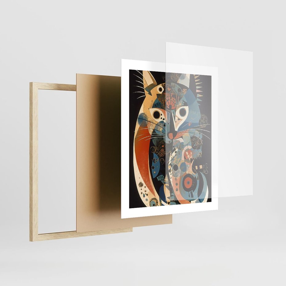 Plakat w ramie 40x50 - Księga Surrealnych Wymiarów - abstrakcyjny obraz olejny, kot - rama drewno