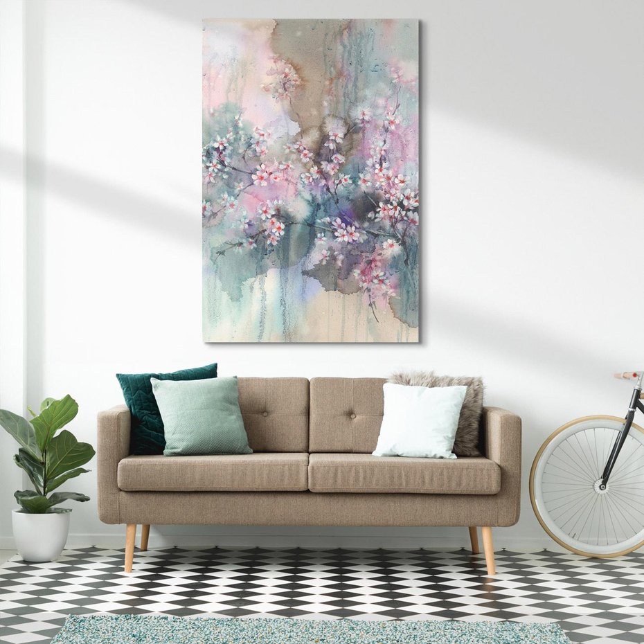 Obraz na płótnie 50x70 - Efemeryczne Kwitnienie Drzew - akwarela, rozmyte pastelowe tłó