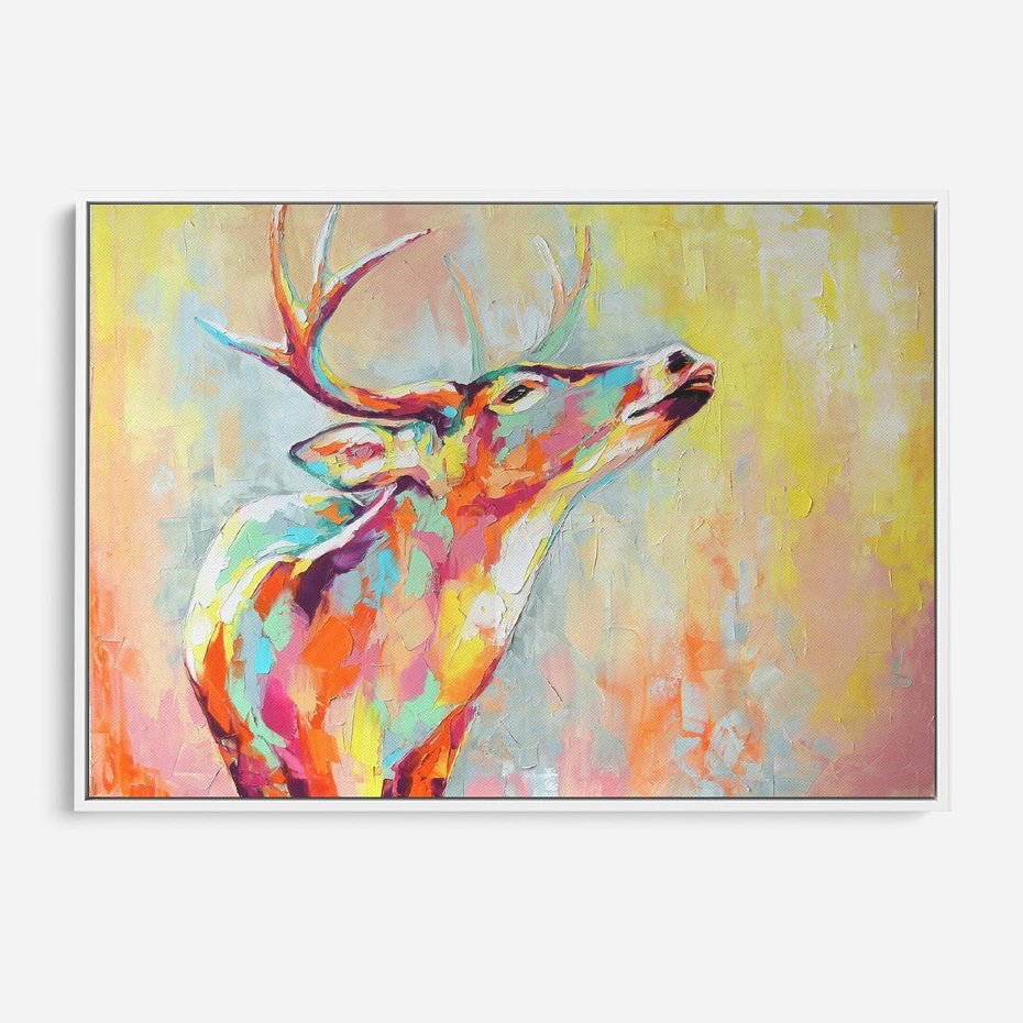Obraz w ramie 70x50 - Impresje snów malarza - kolorowy olejny obraz, jeleń ryczący na rykowisku - rama biała
