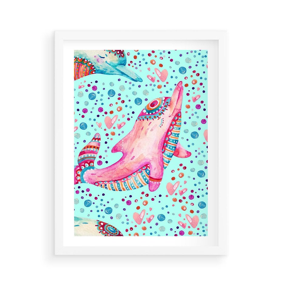 Plakat w ramie 50x70 - Lekkość W Ruchu - delfin, akwarela - rama biała