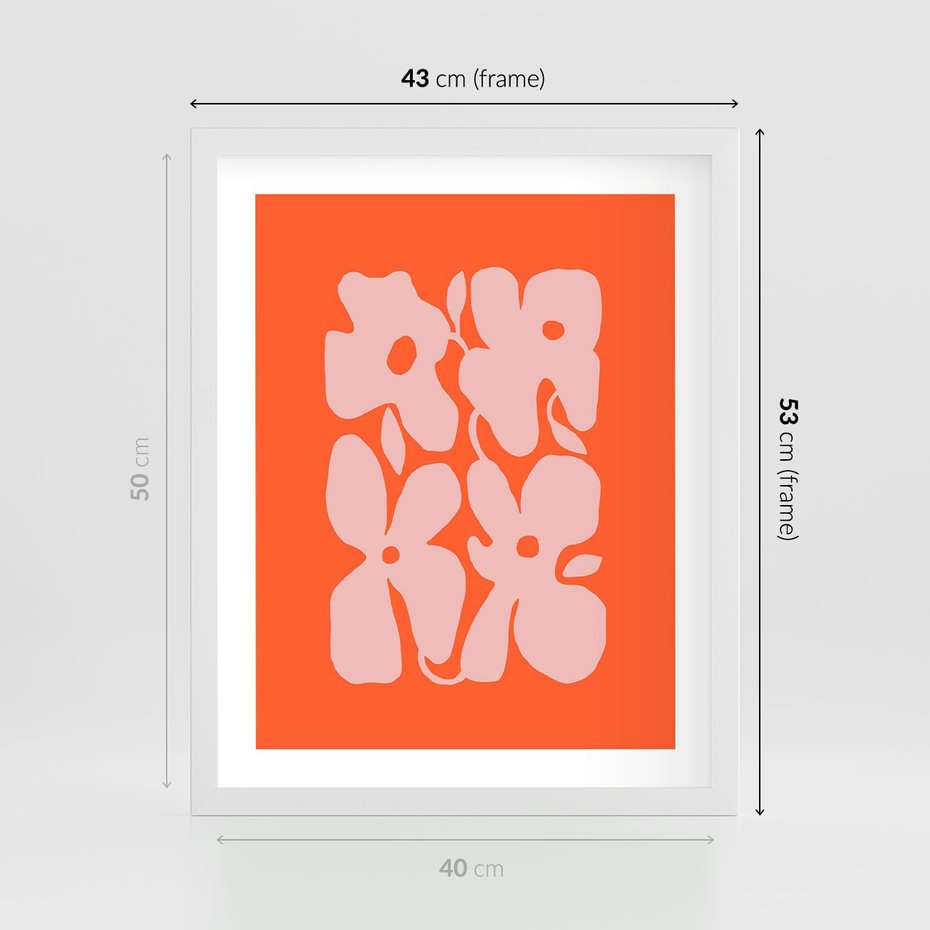 Plakat w ramie 40x50 - Taniec Abstrakcji - kwiaty, energetyczne pomarańczowe tłó - rama biała