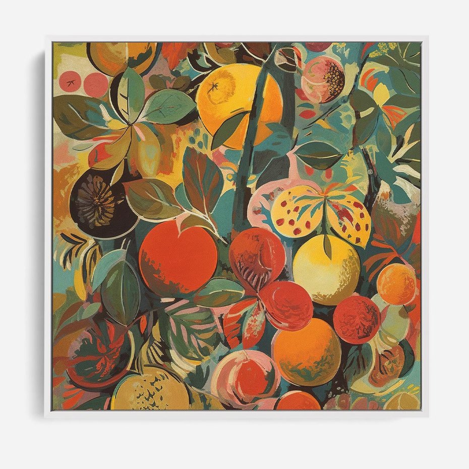 Obraz w ramie 50x50 - Księga Surrealnych Wyobrażeń - abstrakcyjny obraz owoców, jak picasso - rama biała