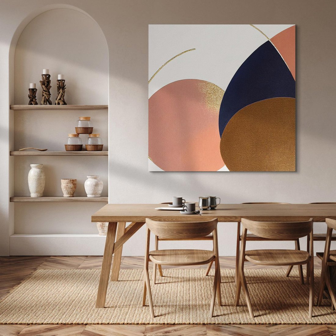 Obraz na płótnie 50x50 - Pudrowe Kreacje - abstrakcyjne plamy koła złote linie modern art