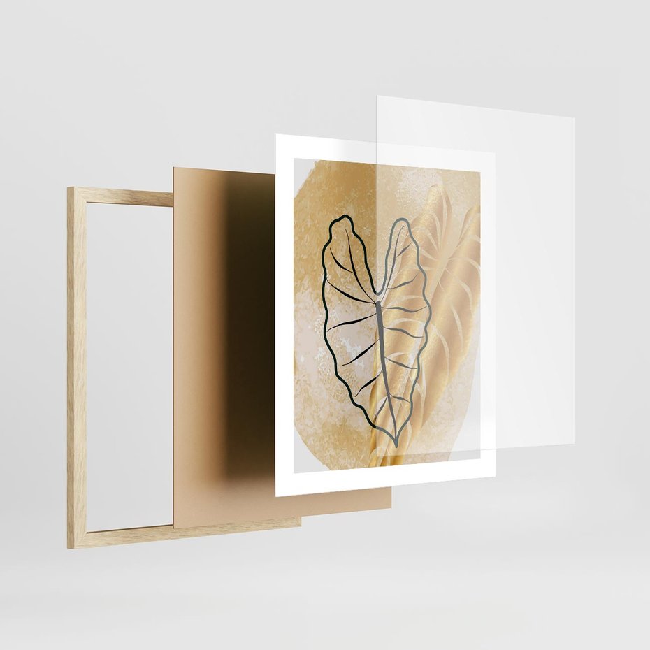 Plakat w ramie 40x50 - Monstera w Złocie - złote liście monstery, grafika - rama drewno