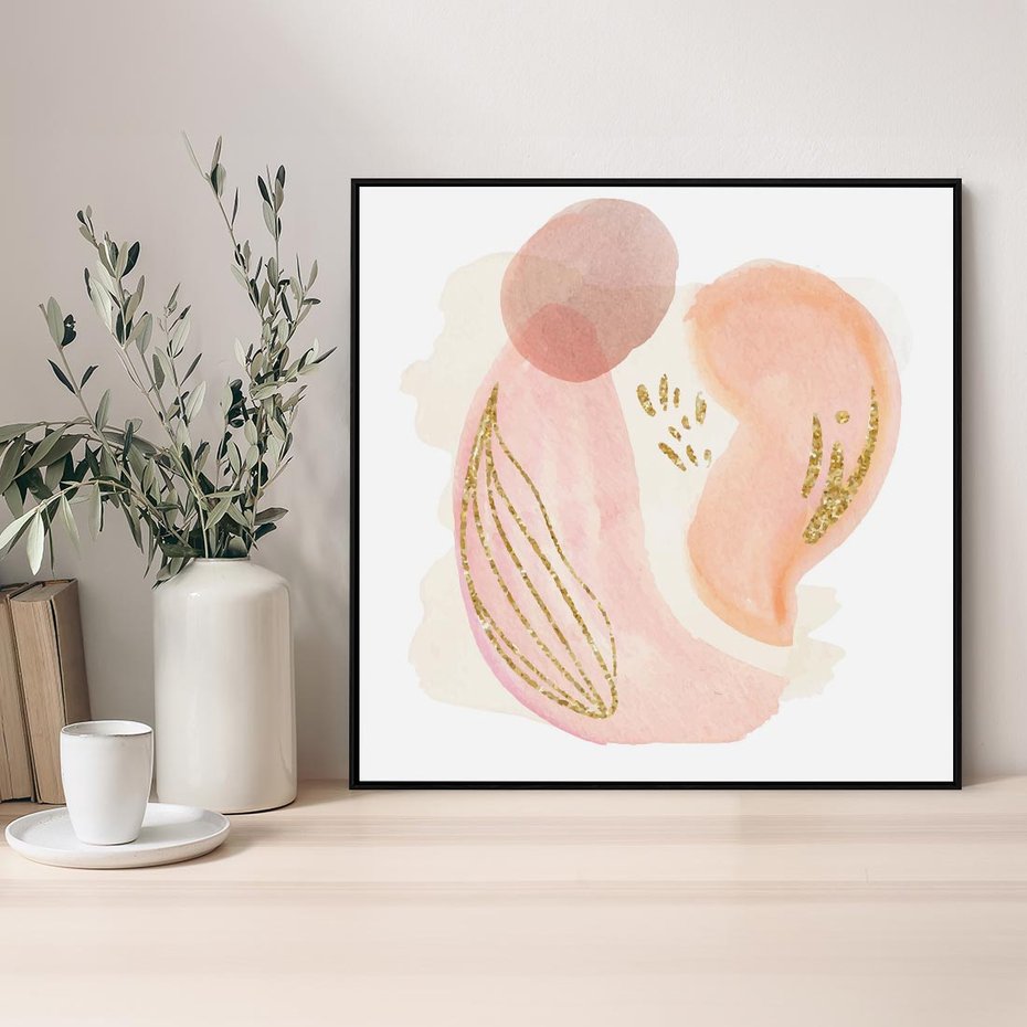 Obraz w ramie 50x50 - Impresje Przenikających Form - abstrakcyjne akwarelowe plamy, minimalizm - rama czarna