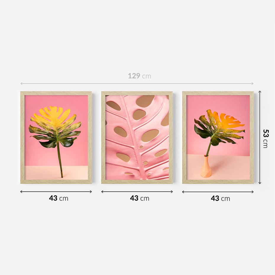 Zestaw obrazy w ramie 40x50 galeria - Monstera, liście, retro, pastele - rama drewno