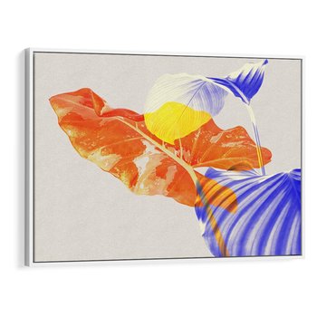 Obraz w ramie 70x50 - Energetyczne Indygo - retro, tropikalne liście - rama biała