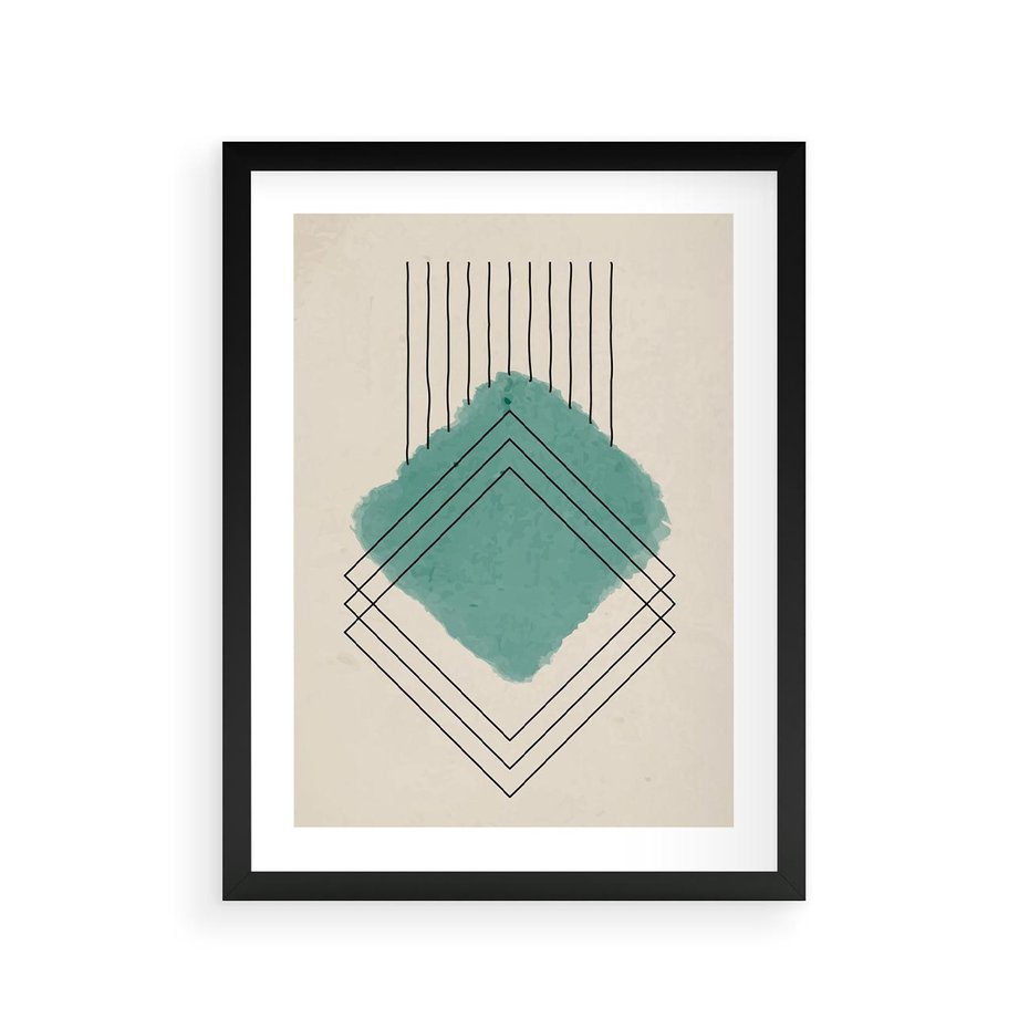 Plakat w ramie 30x40 - Impresje Przestrzeni - akwarelowa plama, geometryczne szkicowane kształty - rama czarna