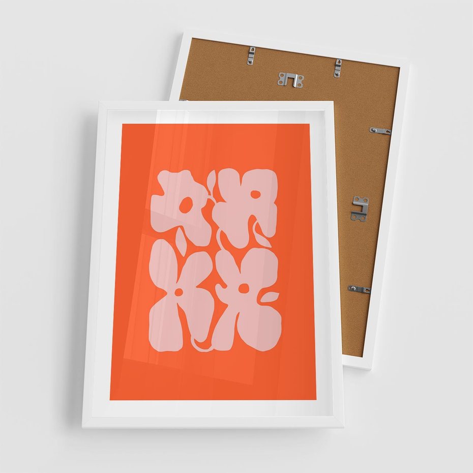 Plakat w ramie 50x70 - Taniec Abstrakcji - kwiaty, energetyczne pomarańczowe tłó - rama biała