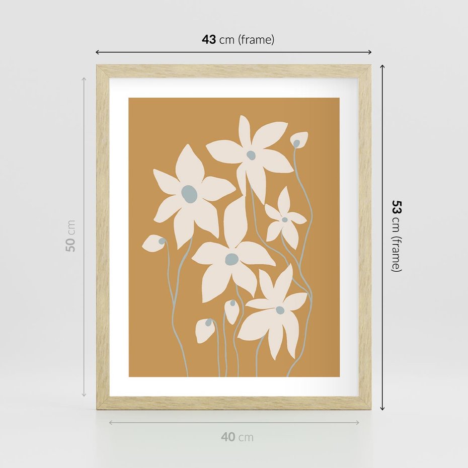 Plakat w ramie 40x50 - Kwiatowy Spektakl - minimalistyczne kwiaty, na pomarańczowym tle - rama drewno