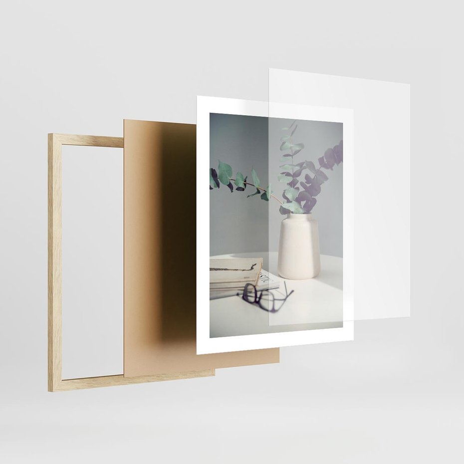 Plakat w ramie 40x50 - Eukaliptusowa Cisza - kompozycja, liście eukaliptusa w wazonie - rama drewno