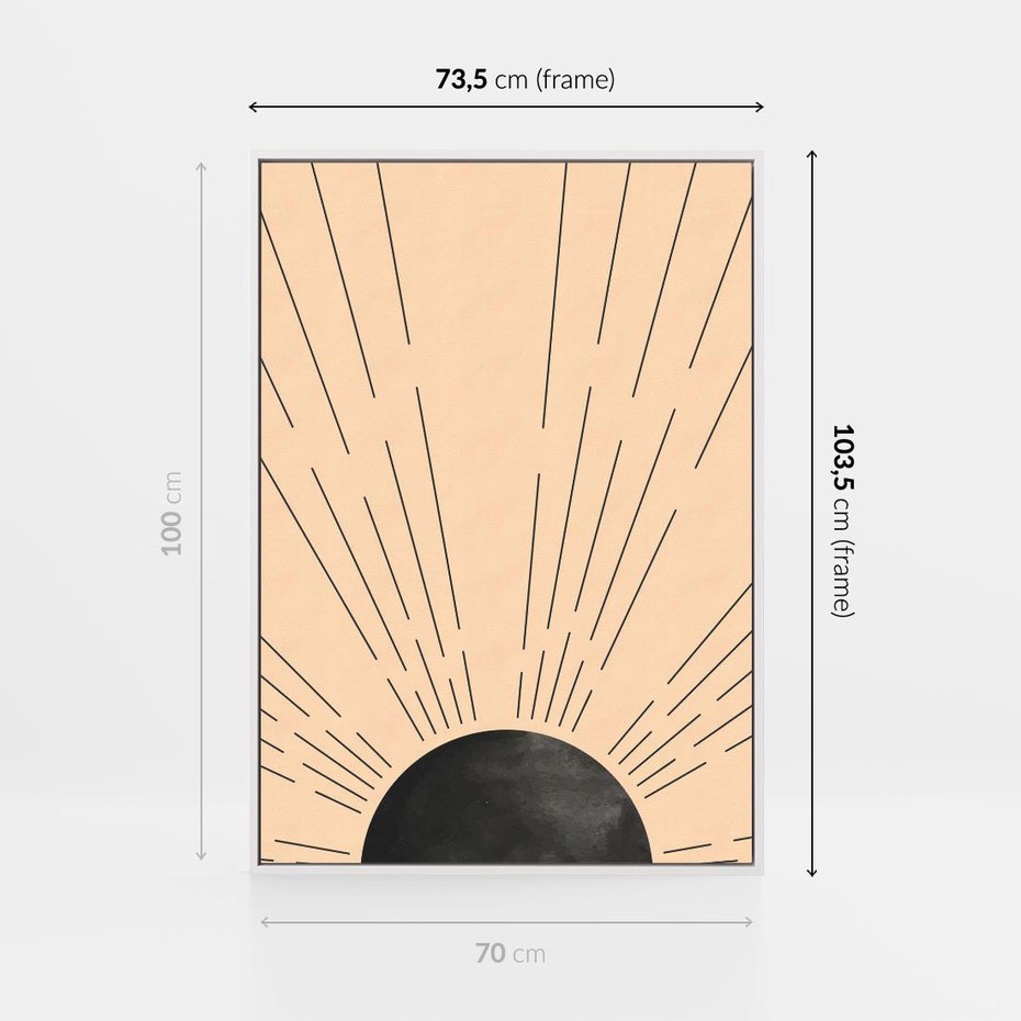 Obraz w ramie 70x100 - Migocące Kształty Promieni - boho czarne słońce, nowoczesna grafika - rama biała