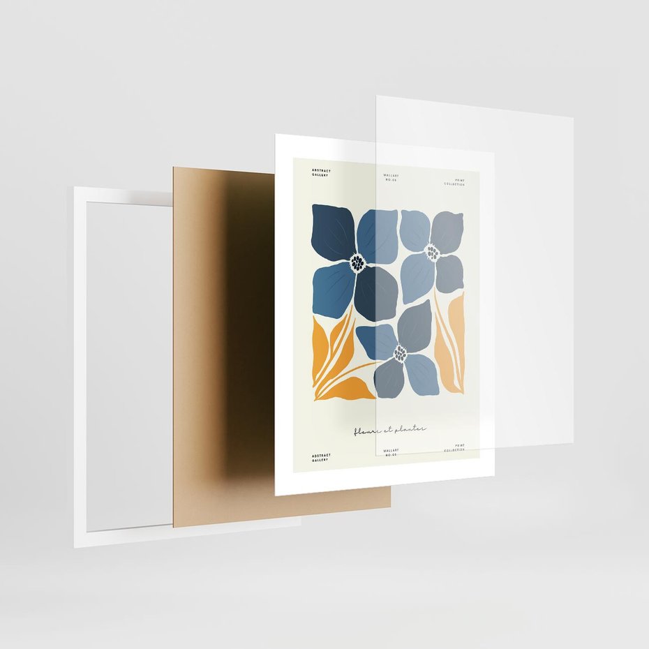 Plakat w ramie 40x50 - Błękitne Nowości - niebieskie kwiaty, nowoczesna sztuka - rama biała