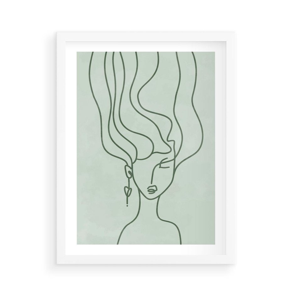 Plakat w ramie 50x70 - Spokojne Objęcia Natury - abstrakcja, zielony szkic - rama biała